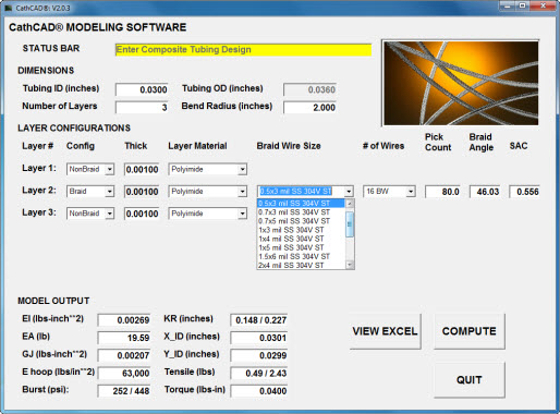 Numerical Input Fields for catheter dimensions and drop down boxes for braid wire sizes and material selection